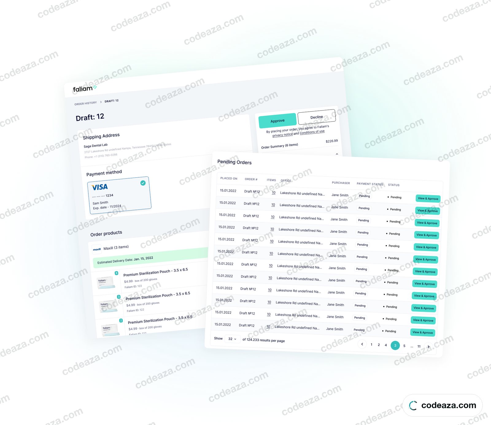 Faliam order draft and pending orders screens